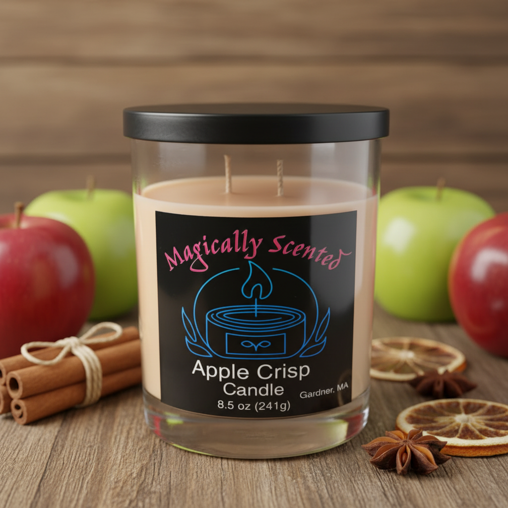 Apple Crisp Candle close-up with styled background