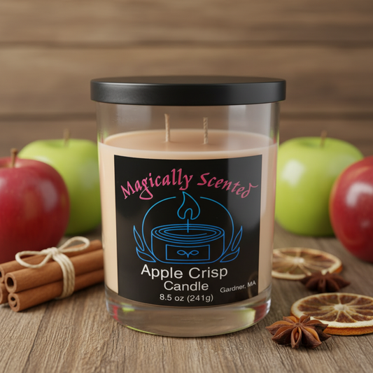 Apple Crisp Candle close-up with styled background