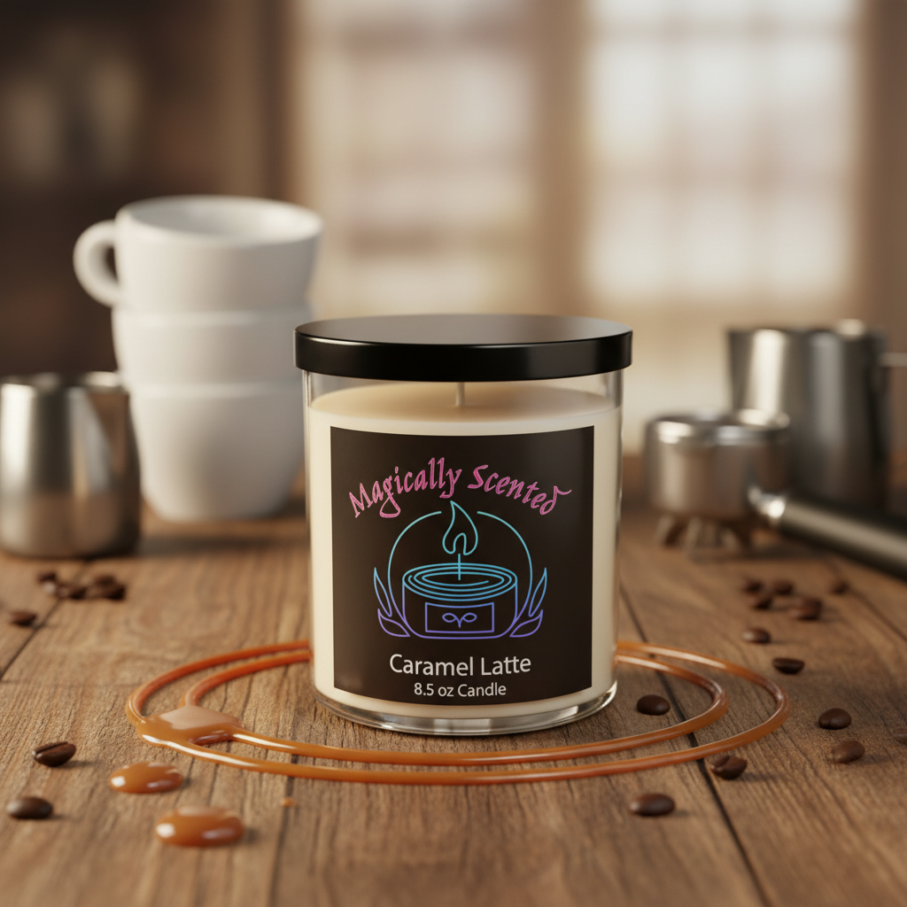 Caramel Latte Candle with styled background